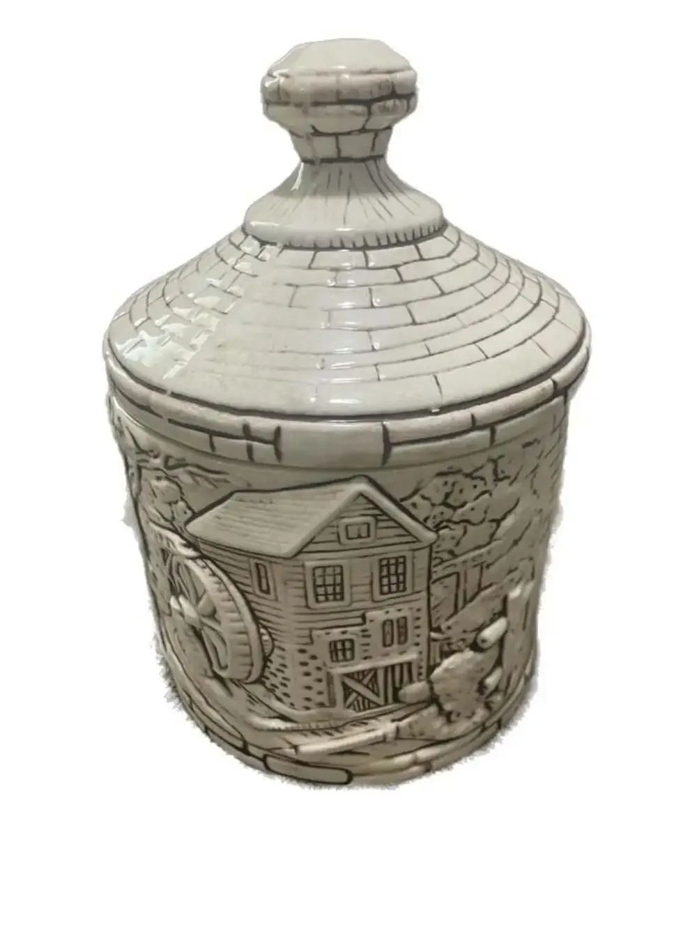 Vintage Ceramic Water Mill Embossed Cookie Jar